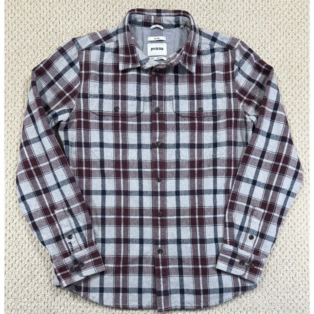 PrAna Flannel Shirt Mens S Gray/Burgundy Plaid Slim Fit Long Sleeve Button Up
